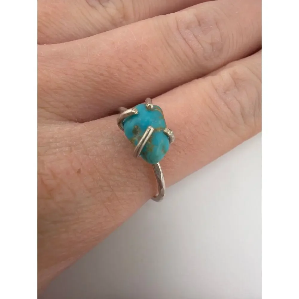 Raw Turquoise Nugget Prong Set Delicate Band Ring Size 8